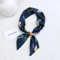 Dark blue cotton linen scarf with owl and leaf print tied with a brown ring buckle - Sloth Navy Blue