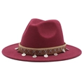 Detail of burgundy wool fedora with ethnic embroidered band and silver coin charms - Burgundy