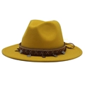Detail of ginger yellow wide brim wool fedora with bohemian beaded band and silver coins - M (55-58cm) / Yellow