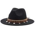 Black wool felt jazz fedora with bohemian patterned ribbon and vintage coin pendants - M (55-58cm) / Black