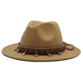 Classic camel wool fedora hat featuring ethnic woven band and metallic coin charms - Light Coffee