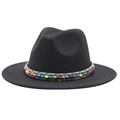 Black wool fedora with ethnic colorful beaded band on a plain white background - M (55-58cm) / Black