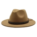 Detail of camel wool fedora with woven band and diamond accents on flat wide brim - Camel