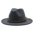 Detailed close-up of dark grey wool felt fedora with woven rhinestone band and leather tie - M (55-58cm) / Dark Gray