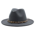 Dark grey fedora hat with leopard print band and gold star buckle on white background - Dark Gray
