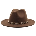 Detail of a brown fedora hat featuring a leopard print band and golden star studs - Dark Coffee