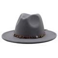 Detail of grey wool fedora hat featuring leopard print band with gold metallic studs - Light Gray