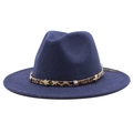 Detail of dark blue fedora with leopard band and gold star metal rivets on white background - Navy Blue