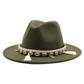 Detail of dark green fedora hat with woven band, shells and bohemian white tassels - Army Green