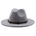 Detail of light grey wool fedora hat featuring a brown leather band and metal buckles - Light Gray
