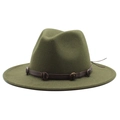 Classic dark green wool fedora hat with brown leather belt and metallic buckle detail - Army Green