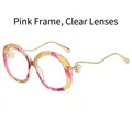 Pink mosaic round sunglasses with wavy gold temples and white pearl accents - Floral Pink Frame / Clear Lenses