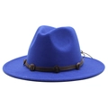 Classic royal blue fedora hat with wide brim and vintage metallic buckle band detail - Sapphire Blue