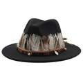 Elegant black fedora hat with feathers and ethnic braided bands for women - M (55-58cm) / Black