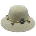 Summer beige straw sun hat with floral fabric accents and tassel for outdoor beach trips - Cream