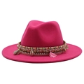 Rose pink wool fedora hat with bohemian tassel trim and seashell details on white background - Rose Red