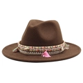 Detail of dark brown fedora hat with bohemian ethnic tassel band and shell accents - Dark Coffee