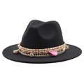 Schwarzer Wollfilzhut mit Ethno-Band, Muscheln und bunten Quasten im Boho-Stil - M (55-58cm) / Schwarz