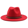 Detail of red wool fedora hat featuring a brown leather band and braided rope decoration - M (56-58cm) / Red