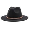 Classic black wool fedora hat for men and women featuring a brown braided leather band - M (56-58cm) / Black