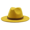 Detail of yellow wool fedora hat with flat brim and brown braided leather band decoration - M (56-58cm) / Yellow