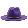 Detail of a deep purple wool fedora hat with a brown woven leather decorative band - M (56-58cm) / Purple