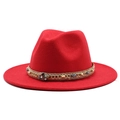 Detailed shot of red wool fedora hat featuring a gold beaded bohemian style band - M (55-58cm) / Red