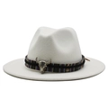 White wool fedora with ethnic woven band and silver bull head ornament detail - White
