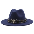 Dark blue wool jazz fedora hat with ethnic band and silver bull skull ornament - Navy Blue