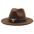 Brown wide brim fedora hat with ethnic woven band and silver bull skull metal buckle - Dark Coffee