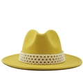 Bright yellow wool fedora hat featuring a wide luxury pearl woven band on white background - M (56-58cm) / Yellow