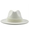 Chapeau fedora en laine blanche avec bandeau de perles élégant et bord plat - M (56-58cm) / Blanc
