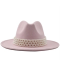 Chapeau fedora en laine rose à bord plat avec un luxueux ruban décoratif en perles - M (56-58cm) / Rose