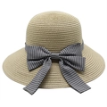 Women's summer straw sun hat with wide brim and elegant black and white plaid bow decoration - M (56-58cm) / Beige