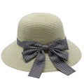 Summer straw sun hat for women with large brim and black and white plaid bow decoration - M (56-58cm) / Cream