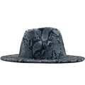 Cappello Fedora blu scuro con stampa serpente nera e tesa larga piatta per l'inverno - M (56-58cm) / Pelle di serpente blu