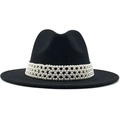 Chapeau de jazz élégant en laine noire à bord large avec bandeau de perles blanches - M (56-58cm) / Noir