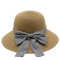 Women's summer straw sun hat with wide brim and black and white gingham bow detail - M (56-58cm) / Khaki