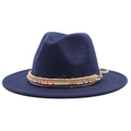 Detail of navy blue fedora featuring decorative hemp rope, rhinestones and colorful beads - Navy Blue
