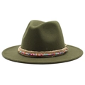 Detail of olive green fedora hat featuring beaded trim, rhinestone chain, and hemp rope - Army Green