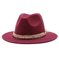 Close-up of burgundy wool fedora featuring bohemian beads and braided rope details - Burgundy
