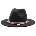 Detail of black wool fedora featuring ethnic woven band with shells and turquoise pendant - M (55-58cm) / Black