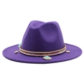 Detail of the purple wool felt jazz hat with ethnic braided band and seashell pendant - M (55-58cm) / Purple