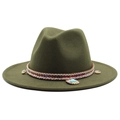 Detail of dark green fedora hat with woven band, shells, and turquoise pendant - Army Green