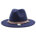 Detail of navy wool fedora featuring ethnic woven band with shells and beads - Navy Blue