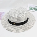 Detail of wide brim straw hat with black grosgrain ribbon and golden metal M letter - M(56-58cm) / White