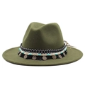 Cappello fedora in lana verde militare con fascia bohémien, perline e monete - Verde Militare