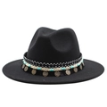 Classic black wool fedora hat with bohemian turquoise bead band and fringe tassels - M (55-58cm) / Black