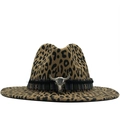 Western leopard print wool felt fedora with ethnic band and metal bull skull ornament - M(56-58cm) / Khaki