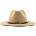 Khaki wool fedora hat with studded faux leather band and classic wide brim style - M (56-58cm) / Camel